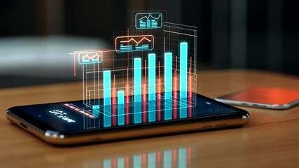 Poster - Innovative smartphone displaying holographic data visualizations in a modern workspace environment