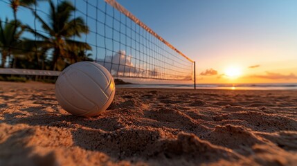 Poster - A volleyball sits on the sand next to a net
