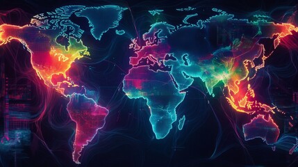 Poster - Global Network Digital World Map Vivid Colorful Abstract Technology Illustration Futuristic Background Design Modern Digital Art Graphic Resource Neon Lights Glowing Lines Internet Connectivity data  