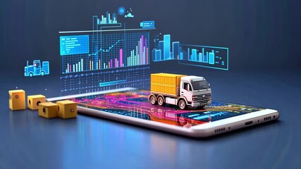Poster - Smartphone shows holographic logistics with a mini truck and data graphics for delivery
