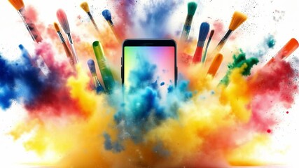Poster - Creative holographic smartphone surrounded by colorful paint splashes and brushes in a vibrant setup