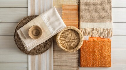 Poster - A warm and modern color scheme featuring tactile fabrics, natural textures, and creative styling