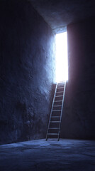Poster - Dark room, textured wall, ladder leading to bright light above, symbolizing hope, escape, or a new beginning