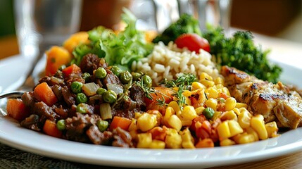 Aufkleber - A well-lit close-up of a Harvard Healthy Eating Plate meal, emphasizing the recommended proportions and vibrant food variety