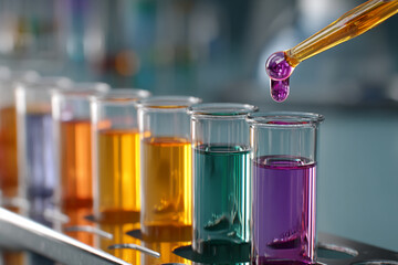 Poster - Close-up of colorful liquids in test tubes, a pipette adding more liquid, showcasing scientific research or laboratory analysis