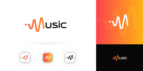 Poster - Modern Music Logo Design With Sound Wave And Letter M Concept In Gradient Orange Color. Creative Emblem For App Icons, Branding, Or Audio Services. Vector Illustration