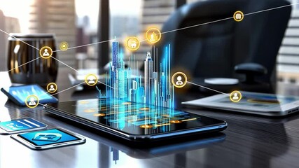 Poster - Creative hologram technology displayed on a smartphone in a modern office setting