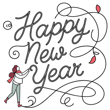 Happy New Year Calligraphy in Flowing Continuous Script A Elegant and Joyous Design to Celebrate New Beginnings