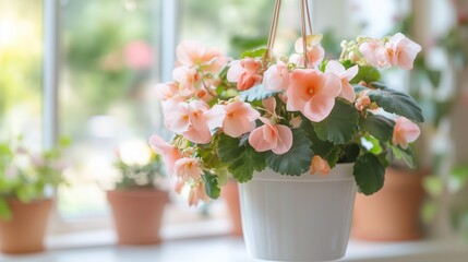 Poster - elegant pink begonias in a hanging pot brighten a sunlit indoor garden space