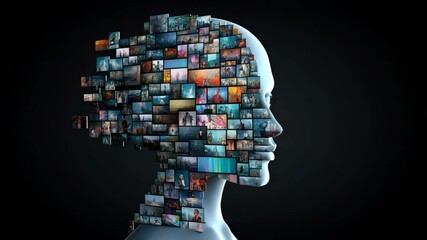 Poster - Artistic Profile Silhouette Made of Colorful Photos Showcasing Diverse Themes and Subjects for Conceptual Visual Representations