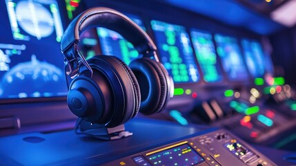 Poster - Communications headset and control panel on desk inside a modern air traffic tower