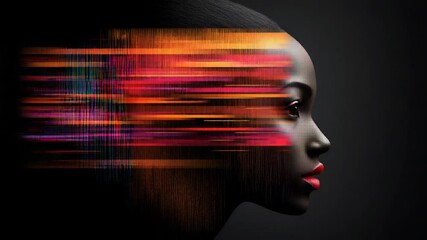 Poster - Abstract Art Representation of a Woman's Profile with Colorful Digital Effects and Motion Blur in Dark Background