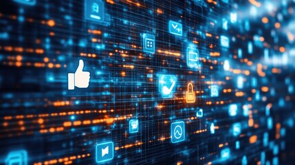 Poster - Digital cloud filled with icons like thumbs up, share, and chat representing online communication