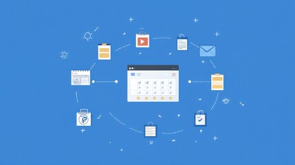 Poster - Flat graphic showing content funnel from ideation to scheduling with icons and tooltips