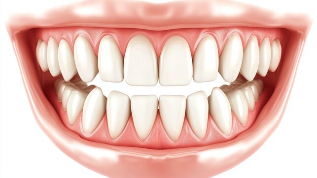 A close-up view of the human jaw, featuring gums and teeth, is set against a white background and presented in a 3D rendering to showcase the anatomy of teeth