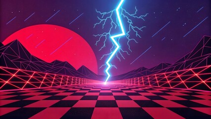 Aufkleber - Retro futuristic lightning strike over a checkered landscape under a vibrant red sun, glowing neon lines and a starry night sky.