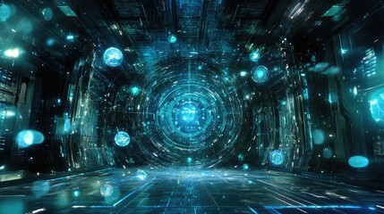 Poster - Futuristic concept of glowing icons floating in a digital interface resembling a virtual hub