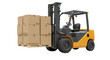 © vision code - A yellow forklift carrying a wooden pallet stacked with cardboard boxes against a black background view
