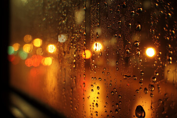 Aufkleber - Close-up of water droplets on glass, blurring city lights into warm amber bokeh, creating a moody, atmospheric image suggestive of a rainy night