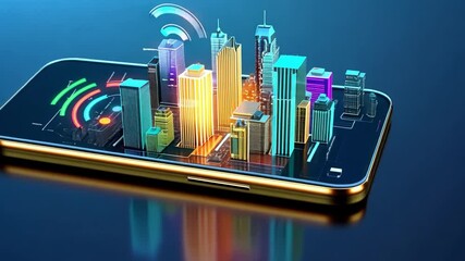 Poster - conceptual representation of holographic city on a smartphone showcasing advanced technology