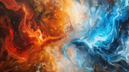 Poster - Vibrant Abstract Swirls of Orange and Blue with Starry Texture in a Cosmic Style Artwork