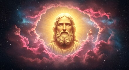 a divine figure emerges from vibrant purple clouds and stars, glowing with cosmic light and spiritua
