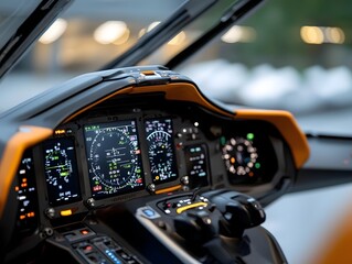 Cockpit view of an aircraft with flight controls and instrumentation