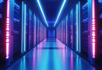 Aufkleber - High-tech data center hallway with glowing blue and magenta neon lights reflecting off clean glossy floors. Ideal for tech presentations, cybersecurity visuals, and futuristic IT themes