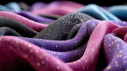 Poster - Close-up of glittery multicolored fabric with soft purple, black and blue folds, shimmering with light reflection