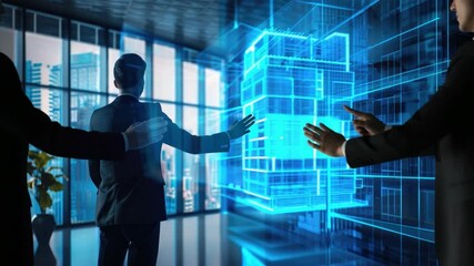 Aufkleber - Business professional observing futuristic building design visualization in modern office with city skyline view