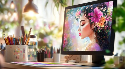 Poster - Digital art software displayed on a sleek monitor with color palettes, drawing tablet, and cozy studio lighting