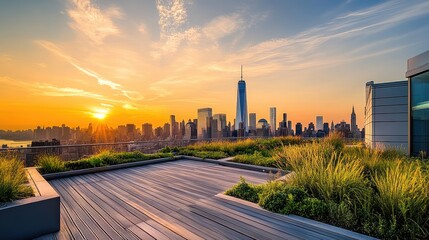Poster - Rooftop garden with wild vegetation and pollinator habitats overlooking a city skyline, promoting urban rewilding