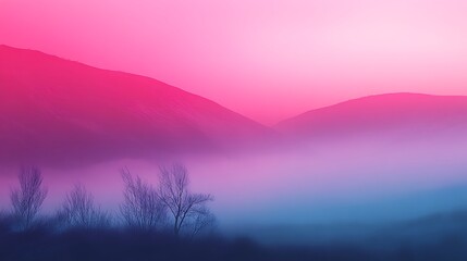 Wall Mural - Pink  Blue Misty Mountain Sunrise.