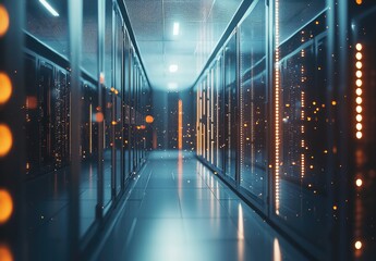 Poster - Futuristic data center corridor with glowing orange and white lights, showcasing reflective glass panels and floating digital particles. Great for AI, cloud, and tech backgrounds