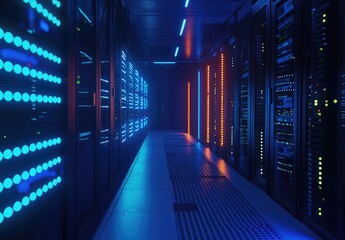 Poster - High-tech corridor lined with illuminated data servers in glowing blue and orange lights. Perfect for cybersecurity, data storage, or cloud infrastructure designs
