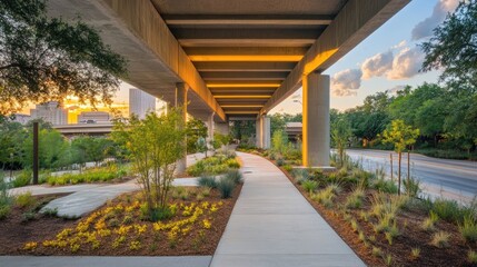Poster - Urban bridge repurposed into green overpass with natural soil beds and local vegetation
