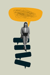 Fototapete - Creative banner collage of person sit speech bubble messy letter on khaki color background
