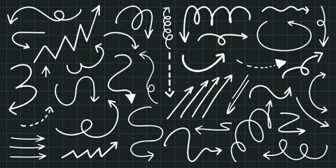 Poster - a collection of white arrows and squiggles on a black grid background. various arrow styles and squi