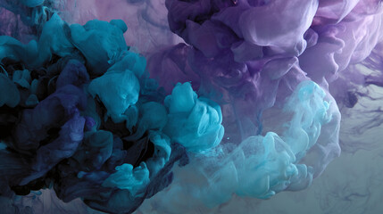 Aufkleber - Abstract image of swirling teal and purple inks in water, creating a dynamic, ethereal effect, showcasing fluidity and artistic expression, ideal for design backgrounds
