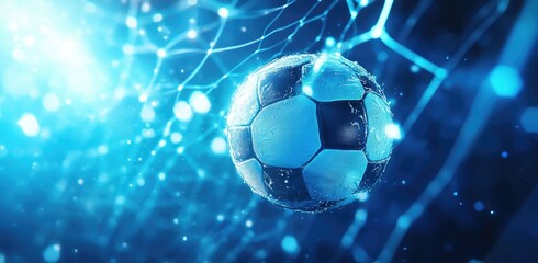 Fototapete - Futuristic Blue Glowing Soccer Ball in Net Abstract Digital Rendering