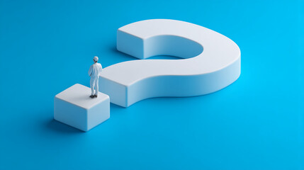 Poster - Miniature figure stands on cube facing large white question mark, blue background, showcasing decision-making, uncertainty, or problem-solving concept