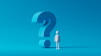 Poster - 3D render of a white figure facing a large blue question mark on a blue background, symbolizing inquiry, uncertainty, or problem-solving