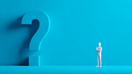 Poster - Blue question mark and white figure against blue background, showcasing uncertainty, inquiry, or problem-solving concept Free space for text