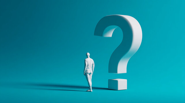 White figure facing large white question mark on teal background, symbolizing uncertainty, inquiry, or problem-solving.  Free space for text.