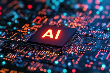 Poster - Glowing AI Microchip on Circuit Board