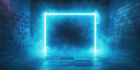 Aufkleber - Glowing Blue Neon Square Frame in Dark Smoky Environment