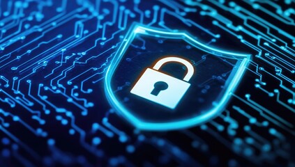 Poster - Glowing Blue Shield and Padlock on Circuit Board Digital Security Concept
