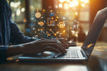 Fototapete - person is typing on a laptop with a screen that has a lot of different icons and symbols. Concept of technology and the importance of being connected in today's world. Scene is somewhat serious