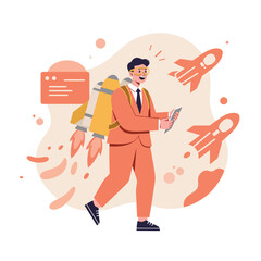 Poster - Businessman with jetpack using smartphone launching rocket success concept vector illustration in orange tones 