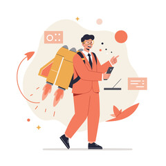 Poster - Businessman with jetpack flying forward using smartphone for productivity and innovation concept vector illustration 